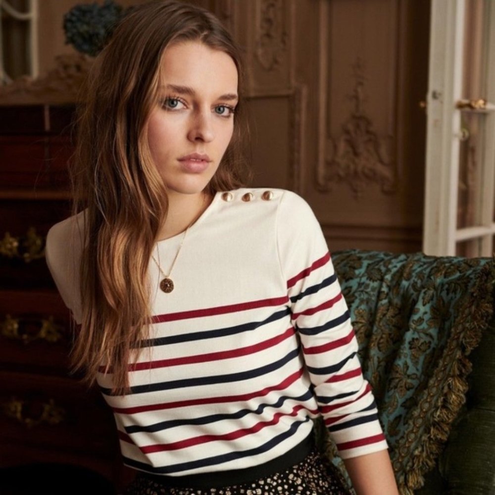 Sezane White Striped Loic Button Cotton Jersey Knit Classic Nautical Top